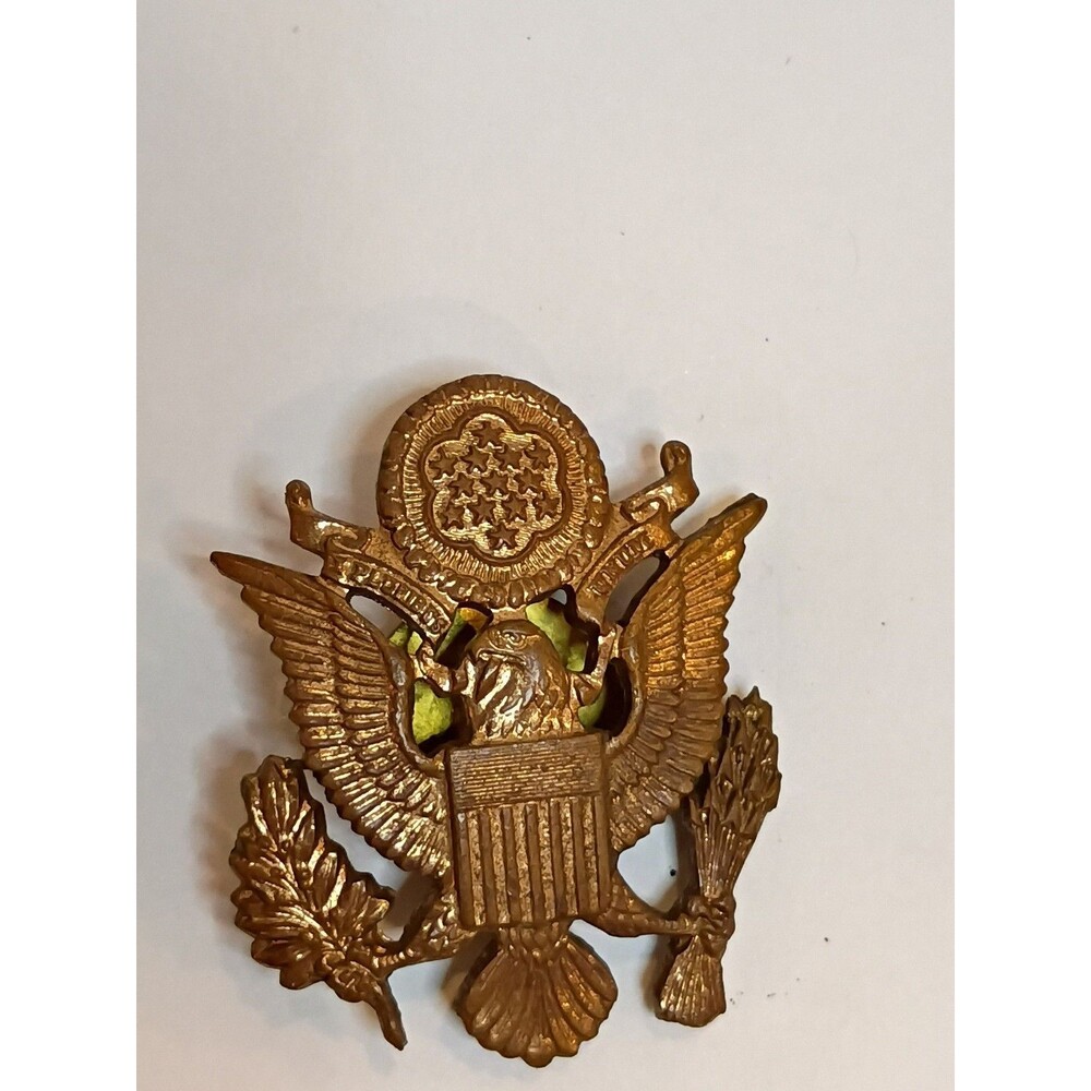 Vtg Volupte WWII US Army Officer Eagle Cap Hat Badge Military Screw Back Pin WW2
